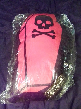 RARE DEADSTOCK Sourpuss Coffin Shaped Skull & Crossbones Red and Black Satin Cotton Throw Pillow W Pom Pom Accent Halloween Horror Goth